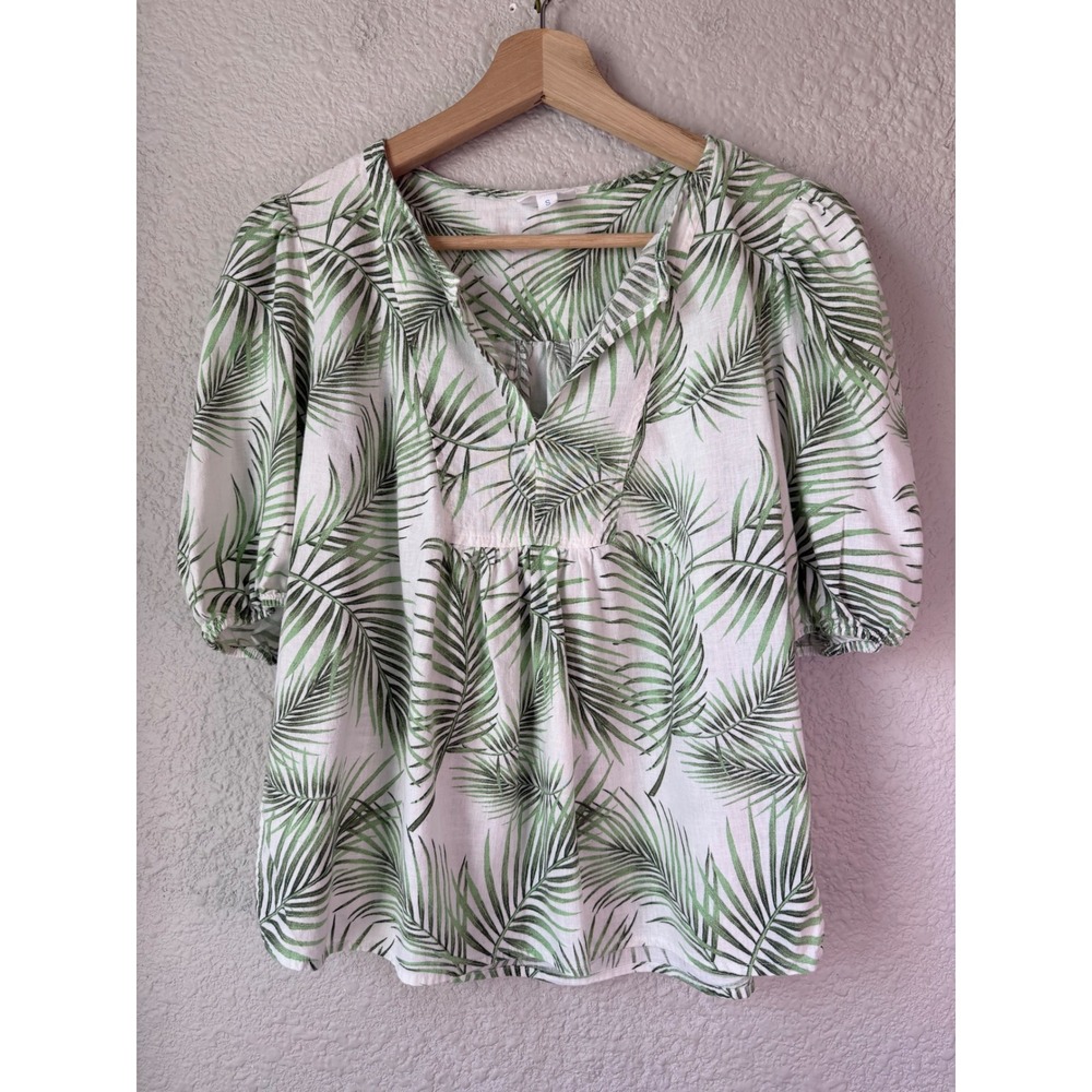 Sigrid Olsen Green White Palm Leaf Linen Blend Puff Sleeve Blouse Top Small